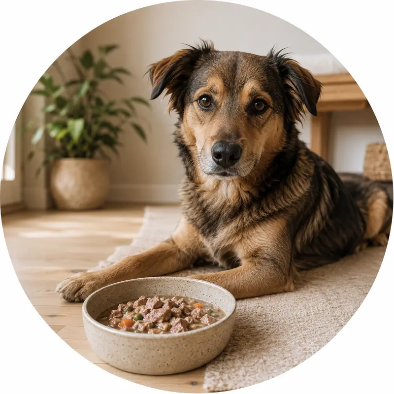 Aufmerksamer Hund neben einem Napf mit hochwertigem Nassfutter