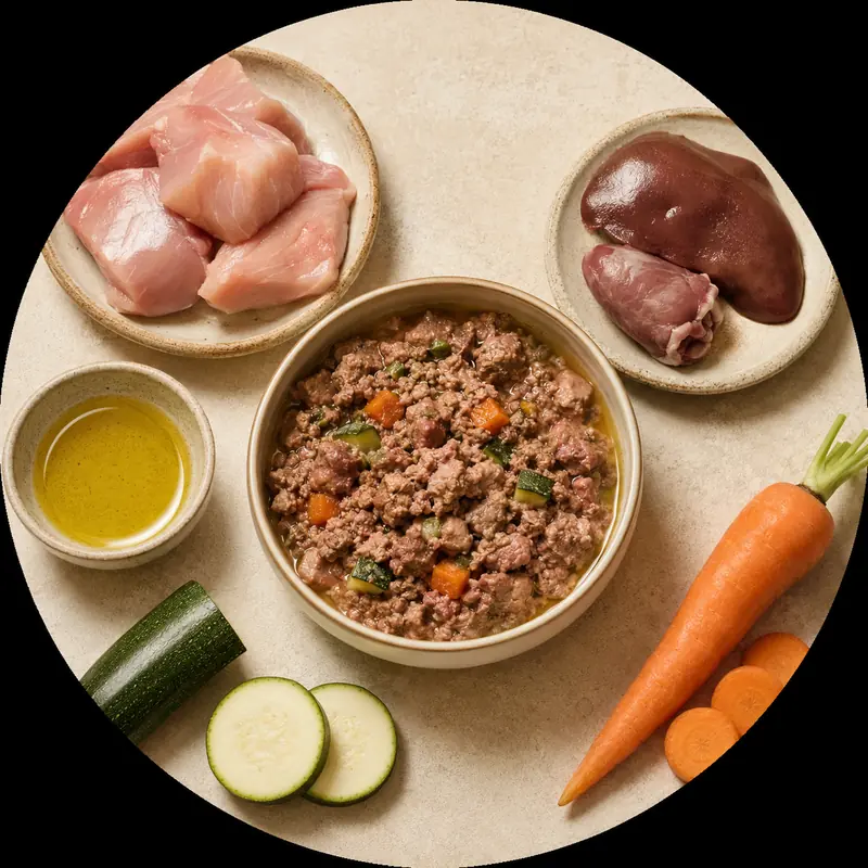 Fleisch, Innereien, Öl und Gemüse als Bestandteile von Hundefutter