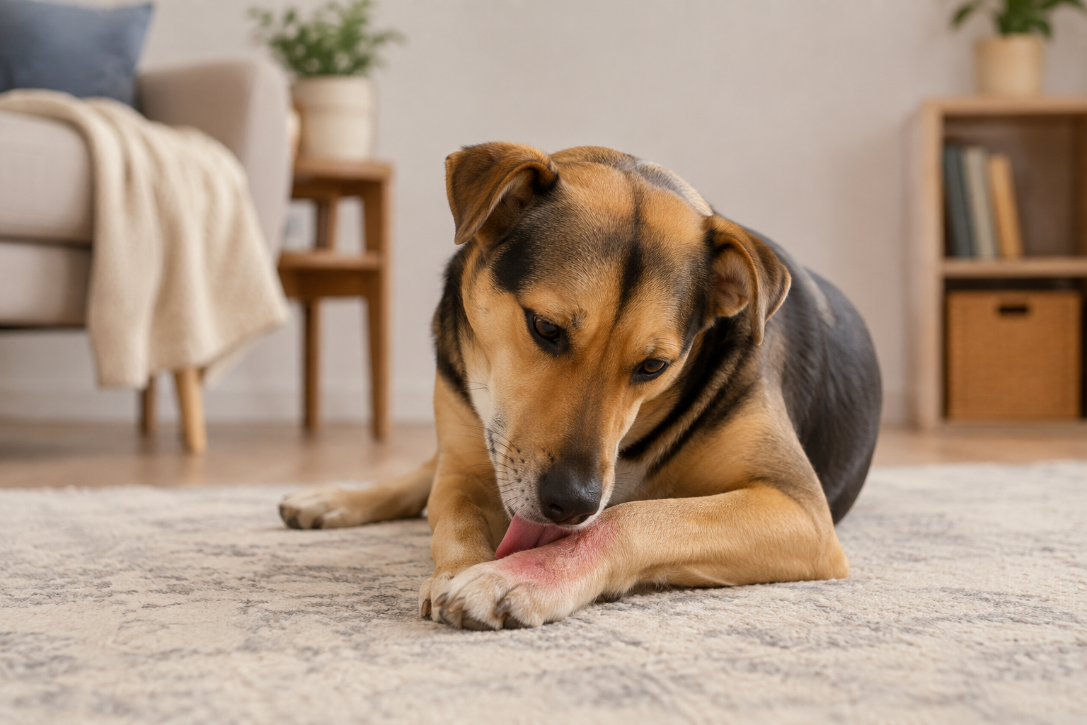 Hund leckt an einer geröteten Vorderpfote im Wohnzimmer
