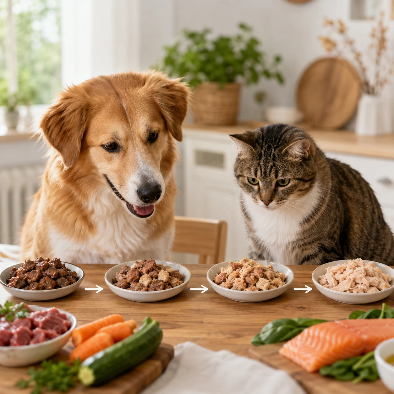 Hund und Katze am Futternapf bei der Futterumstellung