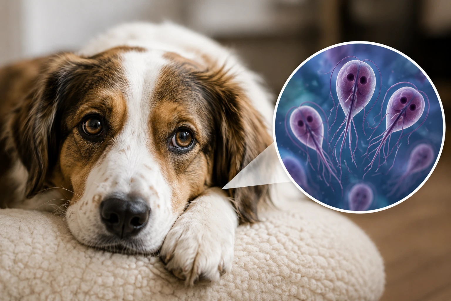 Giardien beim Hund – ruhender Hund mit Darstellung von Giardia-Parasiten