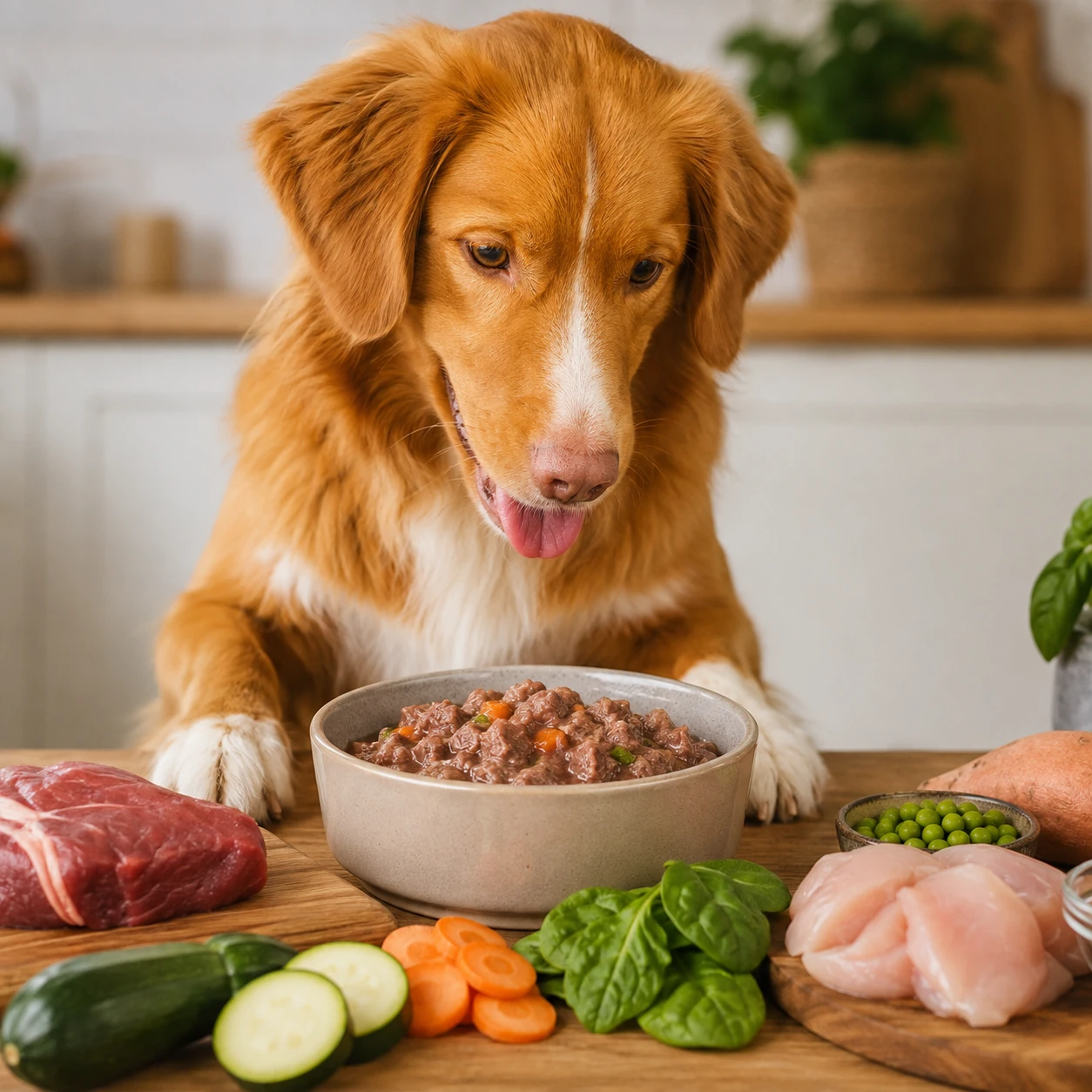 Wie viel Fleisch braucht ein Hund? Hund neben einem Napf mit ausgewogenen tierischen Bestandteilen