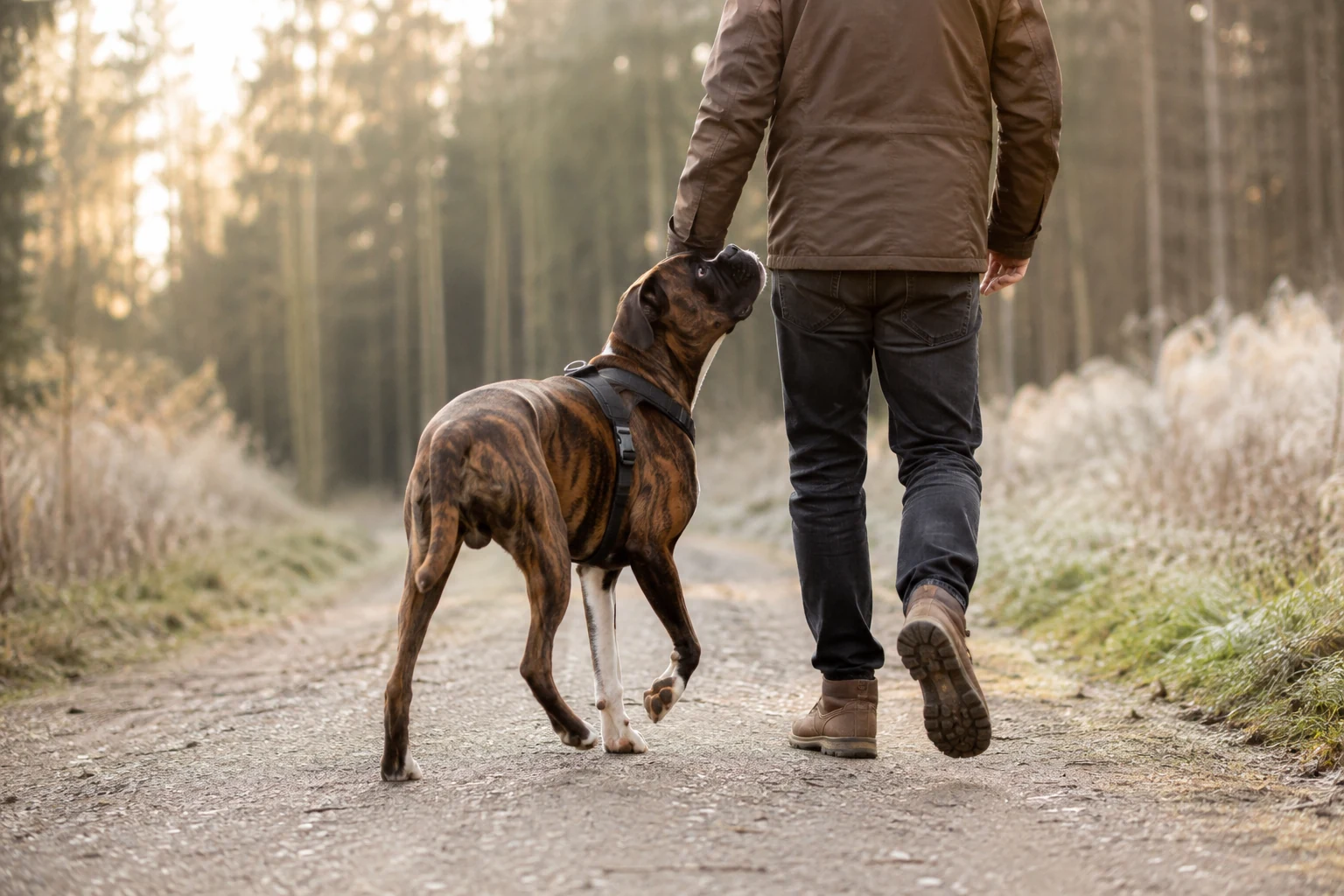 Gestromter Boxer beim Spaziergang mit seinem Menschen
