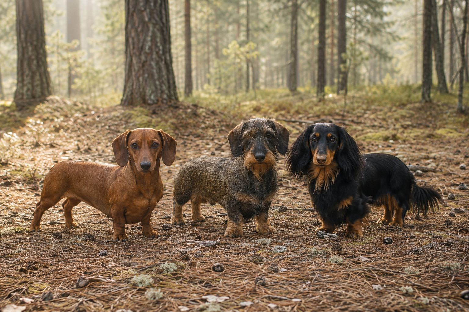 Kurzhaar, Rauhhaar und Langhaar Dackel gemeinsam im Wald