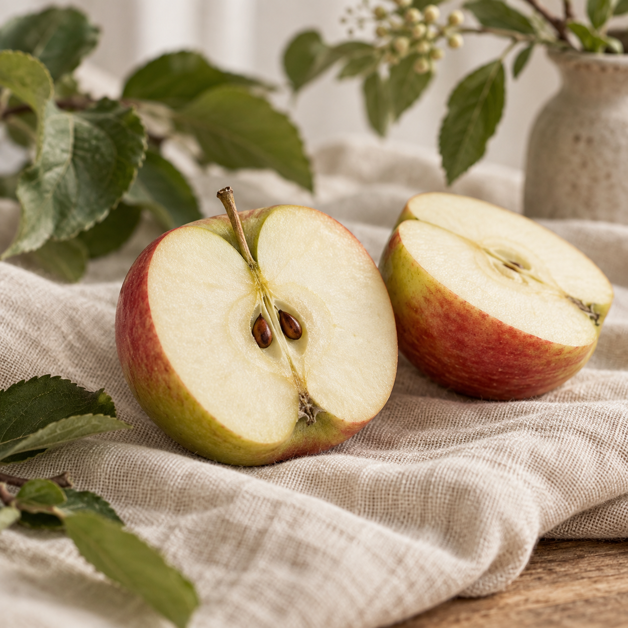 Ergänzungsfutter beim Hund: aufgeschnittener Apfel als Beispiel für natürliche Nährstoffschwankungen