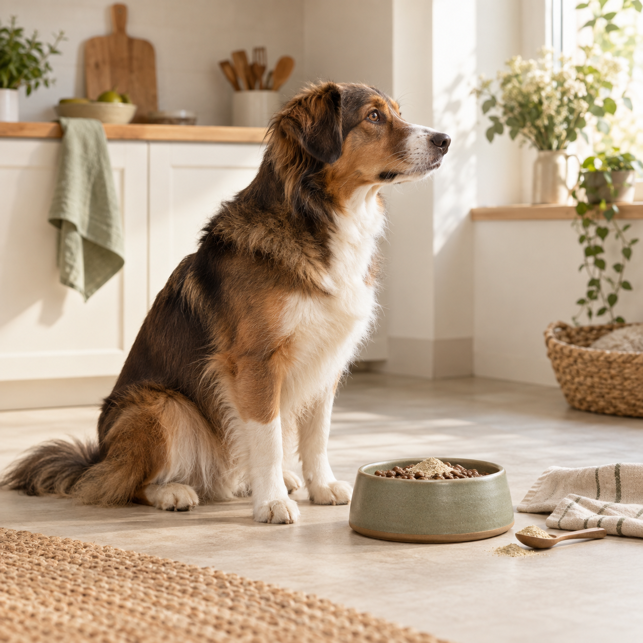 Ergänzungsfutter für Hunde: Hund neben Futternapf als Symbolbild