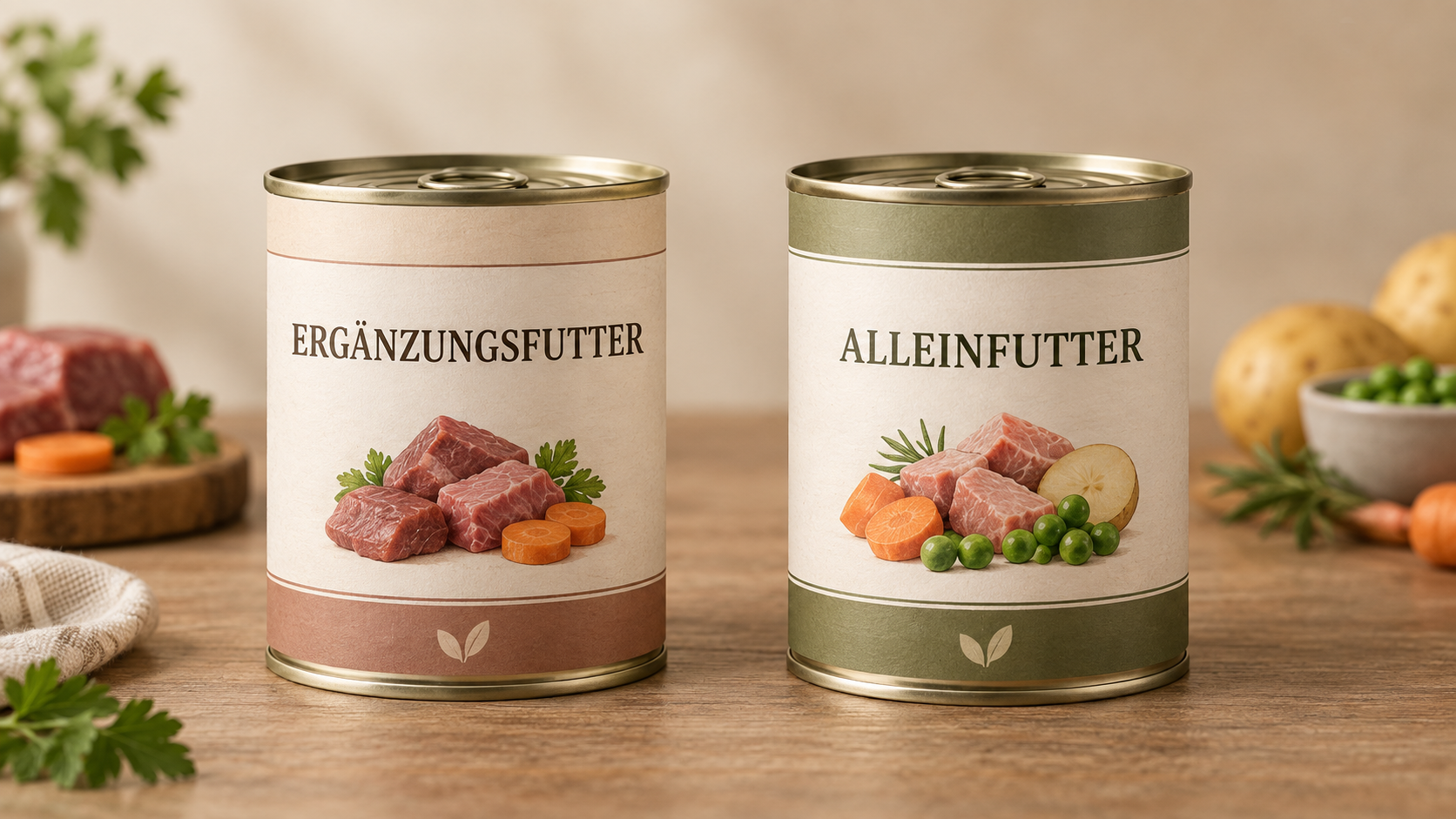 Ergänzungsfutter und Alleinfutter im Vergleich: zwei Hundefutterdosen mit unterschiedlichen Kennzeichnungen