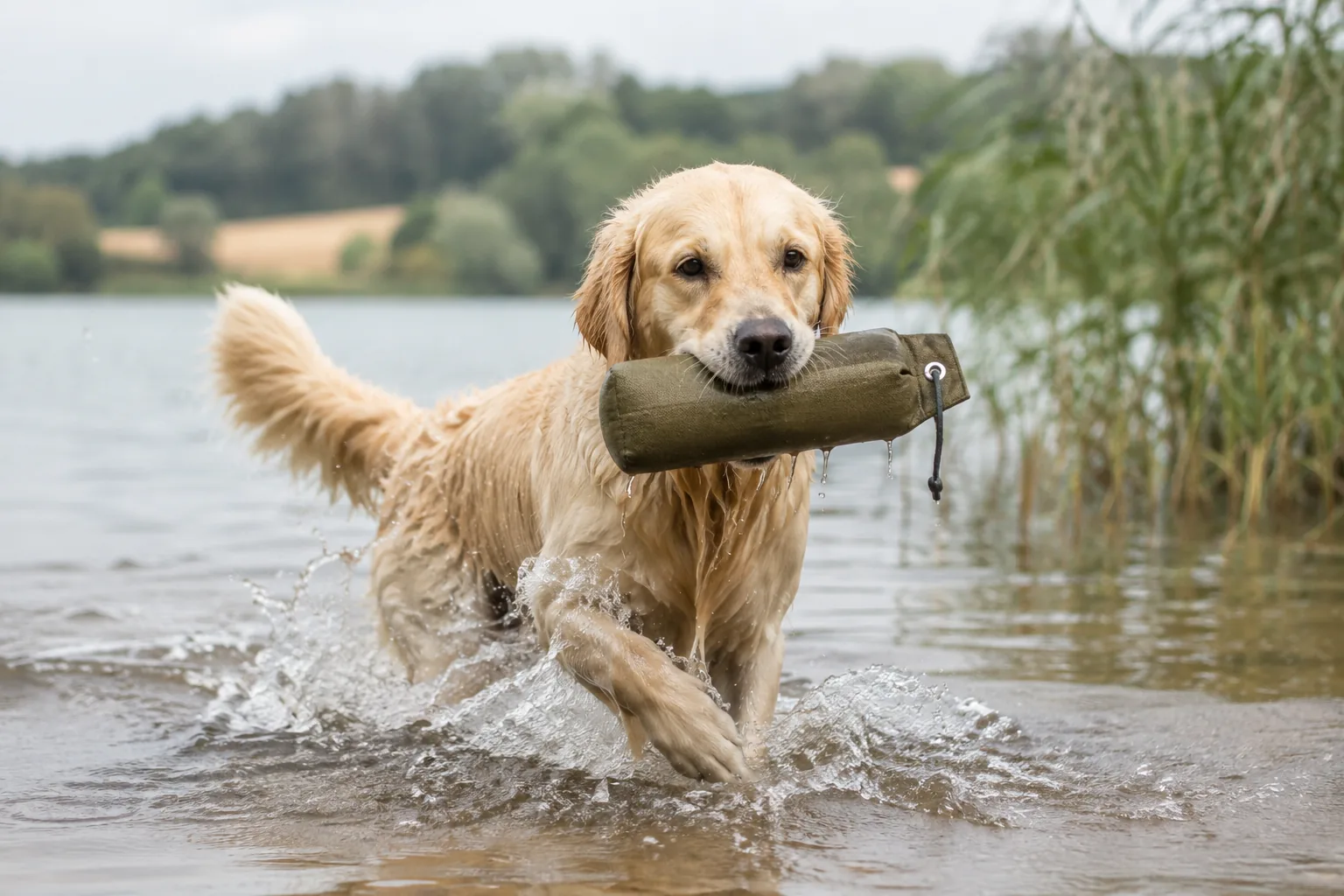 Golden Retriever apportiert im Wasser