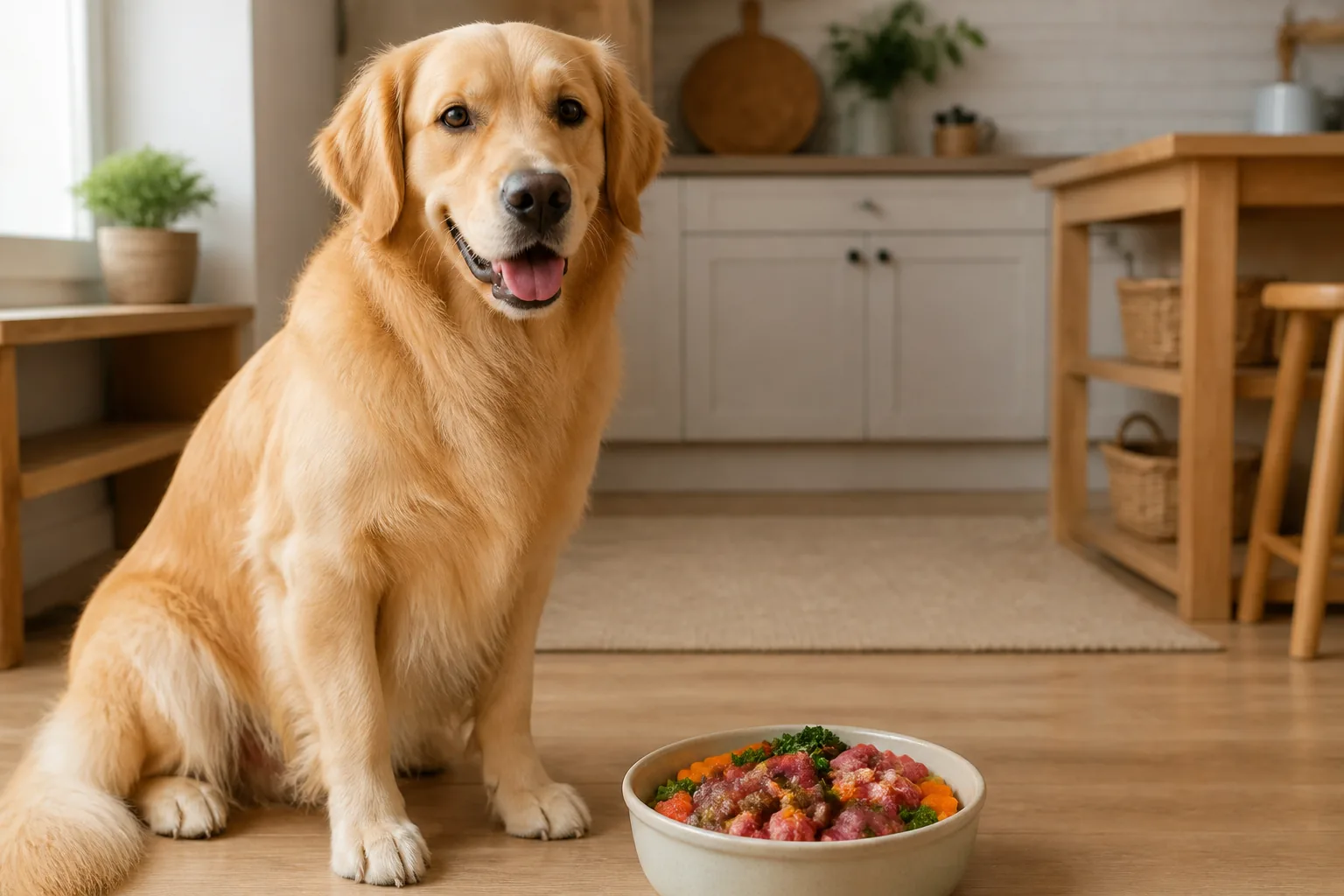 Golden Retriever neben einem Napf mit natürlicher feuchter Nahrung