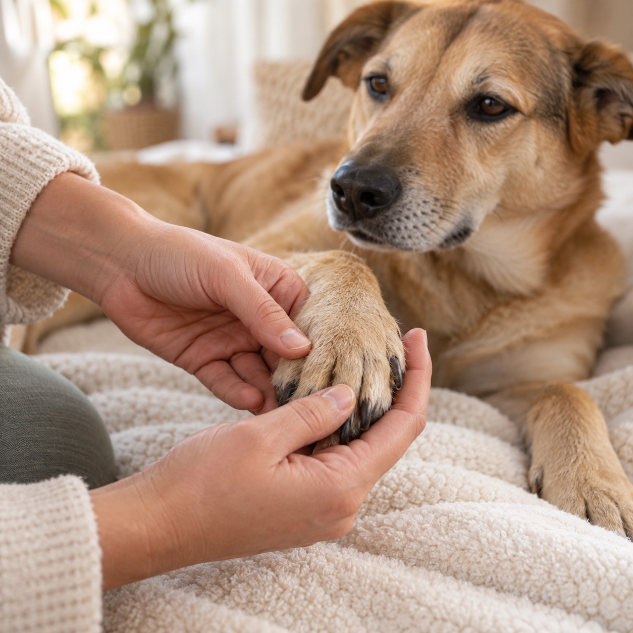 Hände kontrollieren behutsam die Vorderpfote eines entspannten Hundes