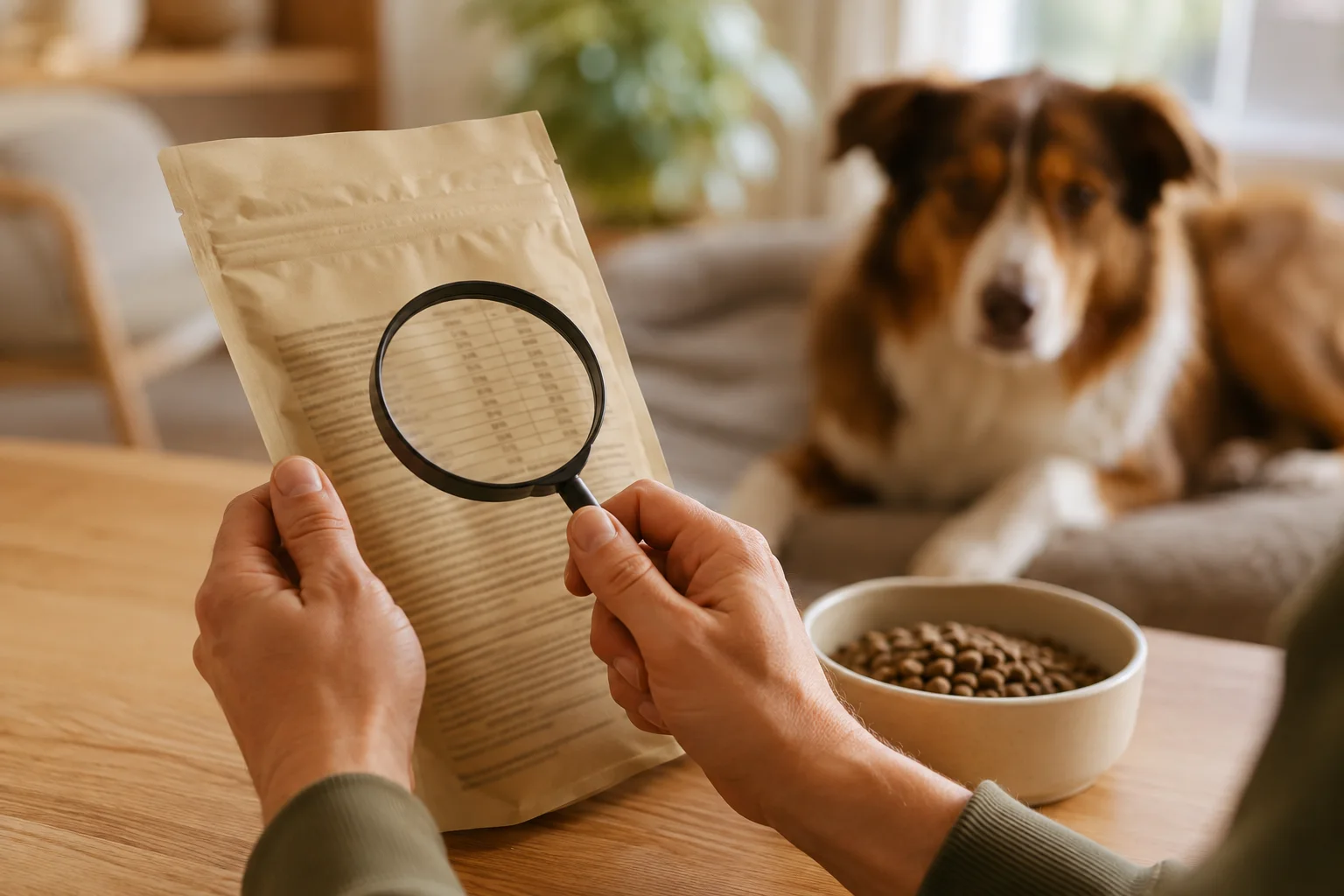 Hände prüfen die Rückseite einer Hundefutterverpackung mit einer Lupe