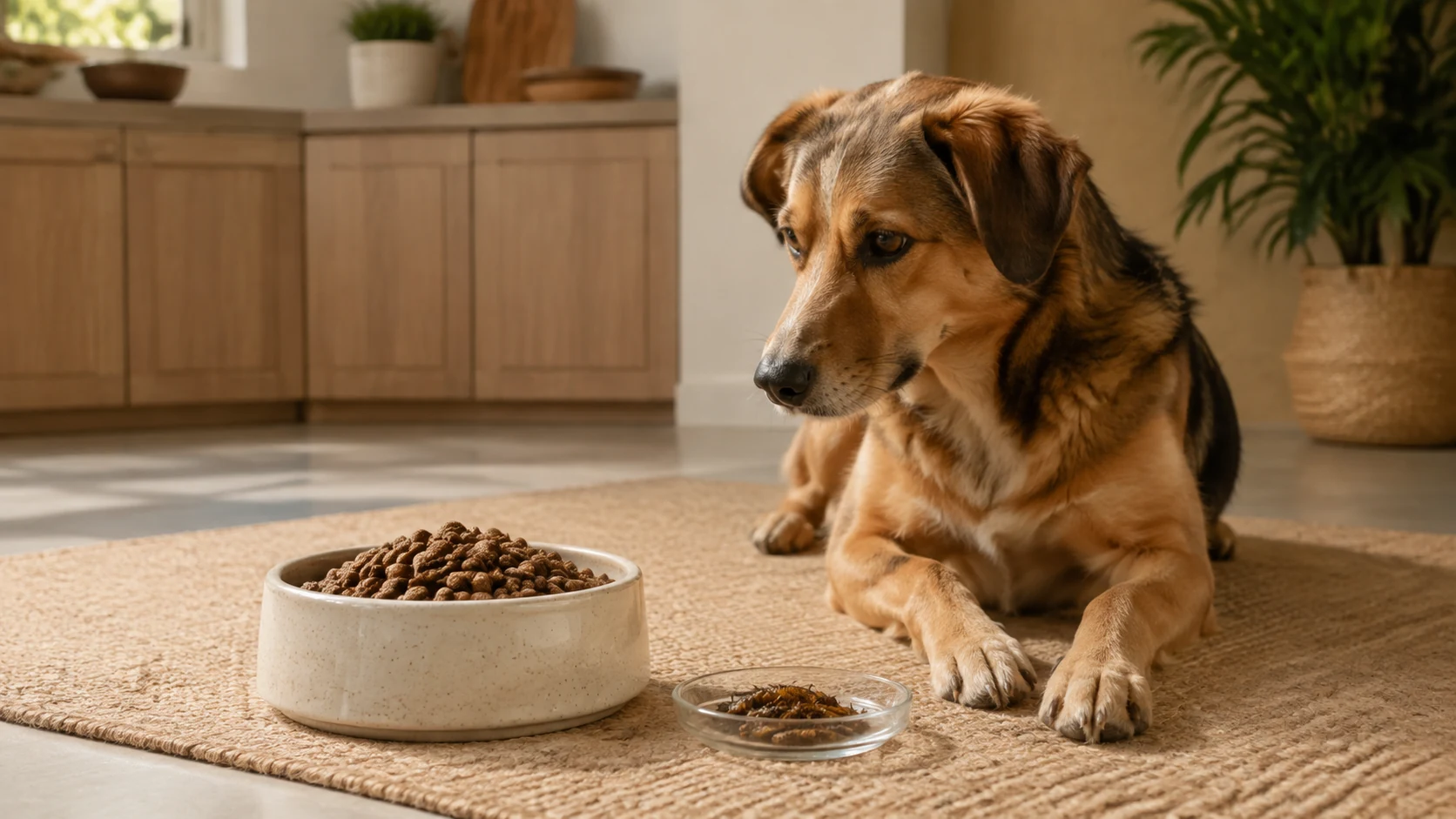 Hund betrachtet einen Napf mit Insektenfutter und eine kleine Schale mit Insektenlarven