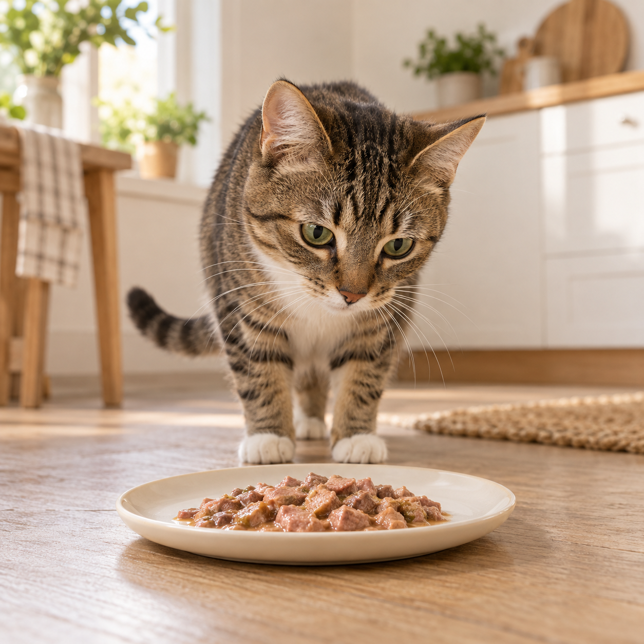 Katze frisst nicht und nähert sich einem flachen Teller mit Nassfutter