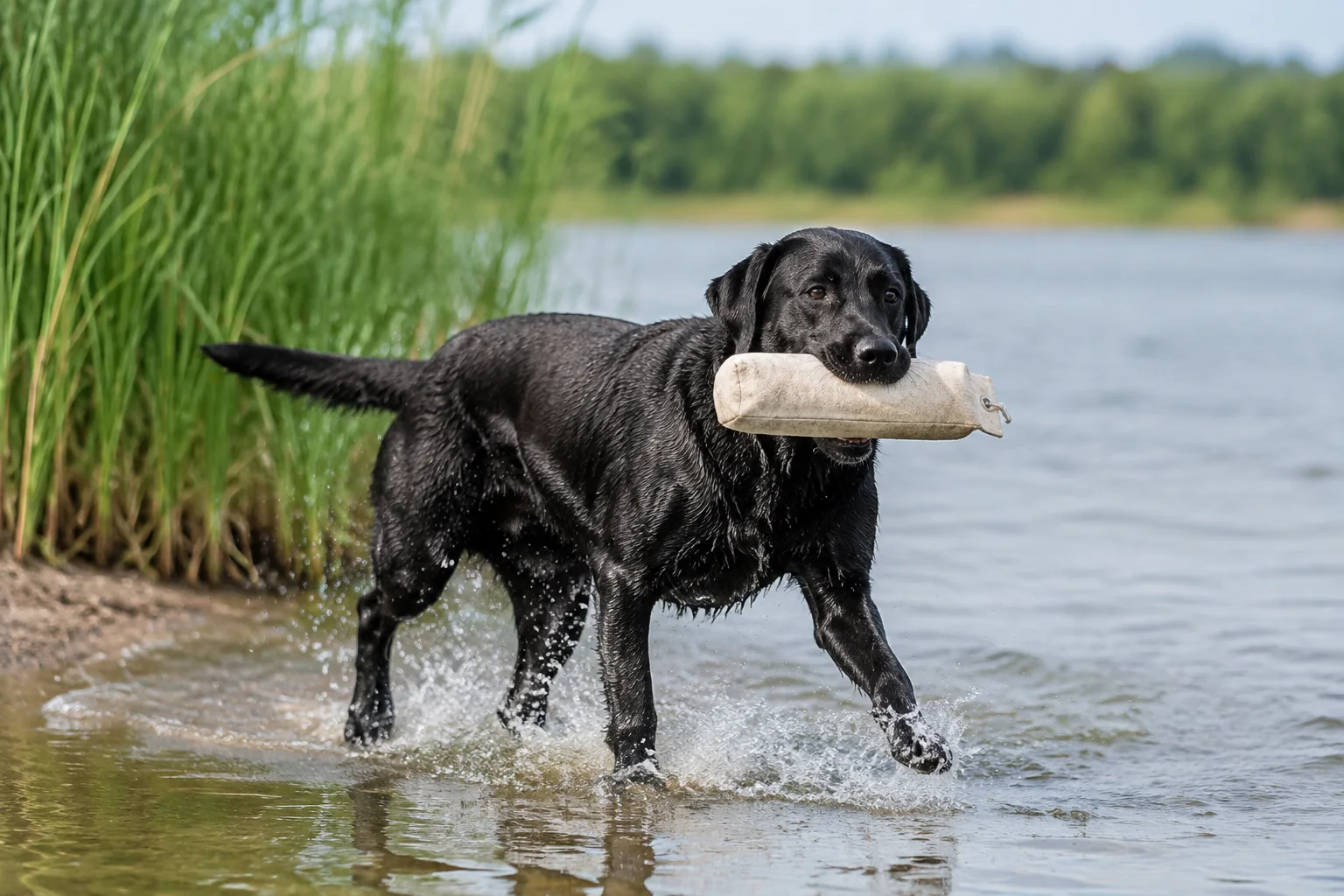 Schwarzer Labrador apportiert im Wasser
