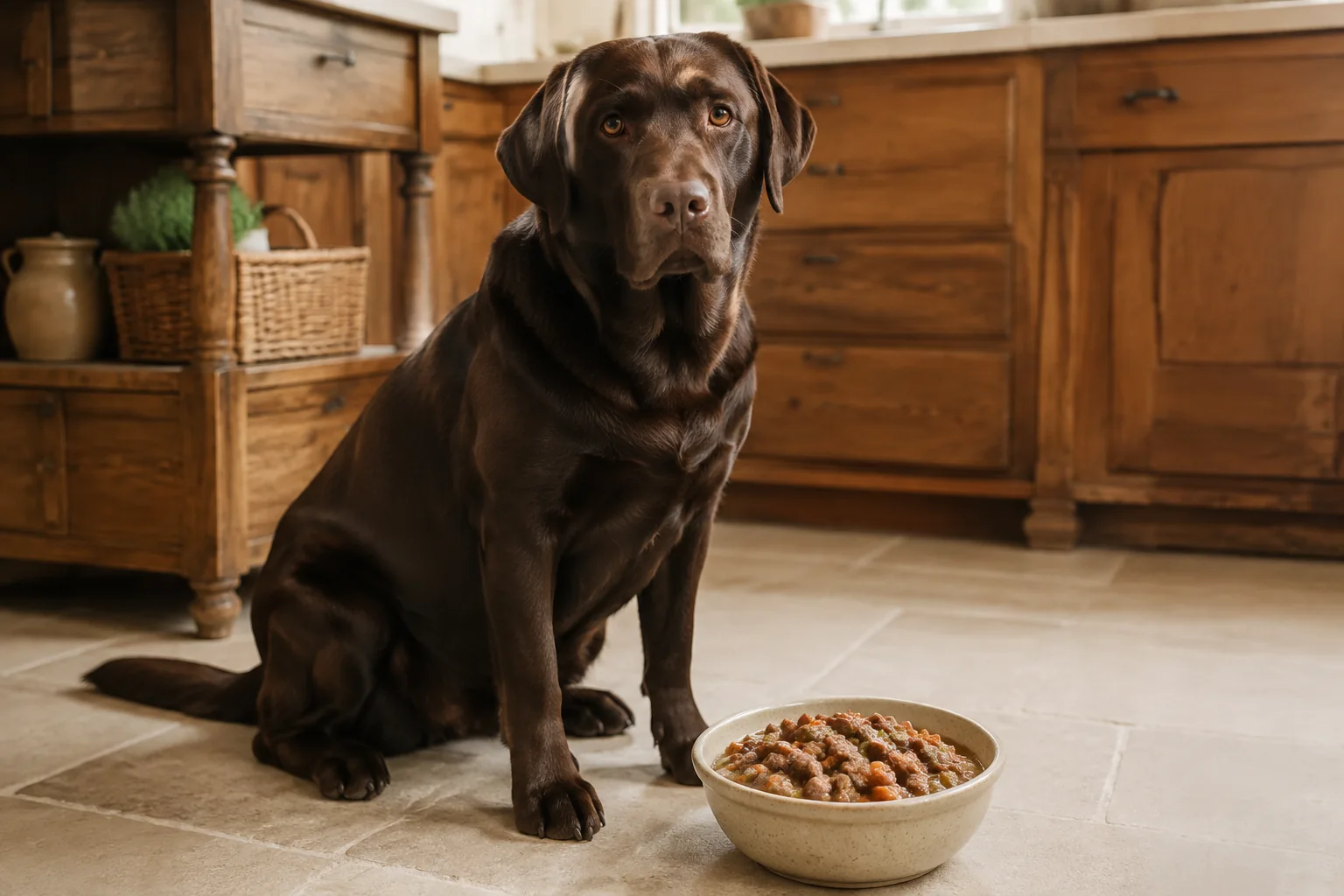 Brauner Labrador neben einem Napf mit natürlicher feuchter Nahrung