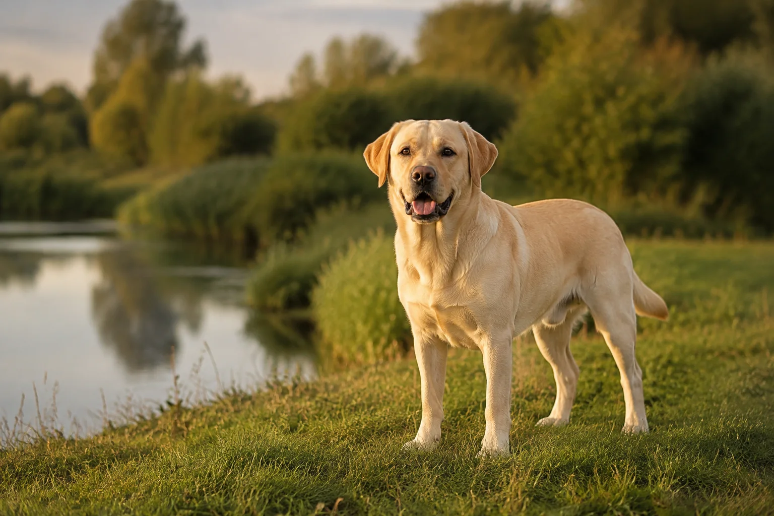 Gelber Labrador im Rasseportrait an einem See