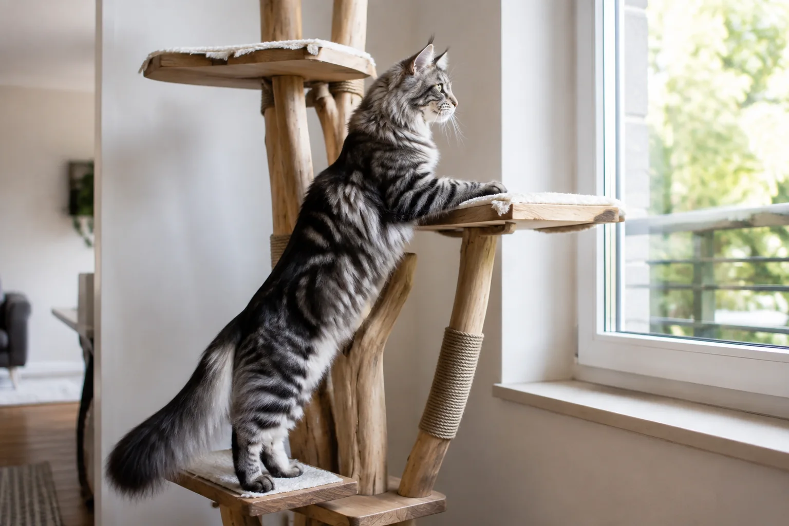 Maine Coon auf einem stabilen Kratzbaum am gesicherten Fenster