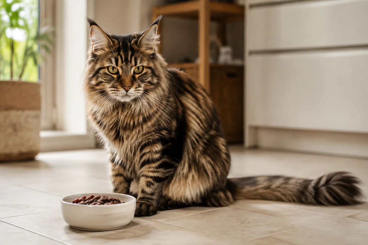 Schlanke Maine Coon neben einem Napf mit feuchter fleischreicher Nahrung
