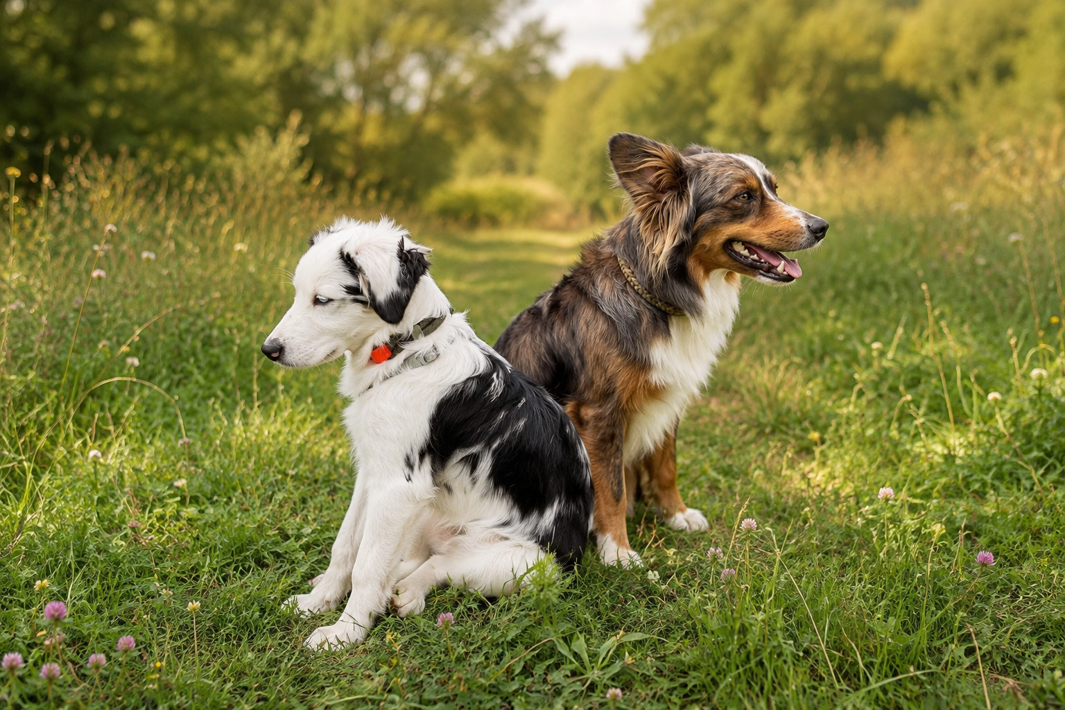 Zwei Miniature Australian Shepherds im Grünen auf einem Feldweg