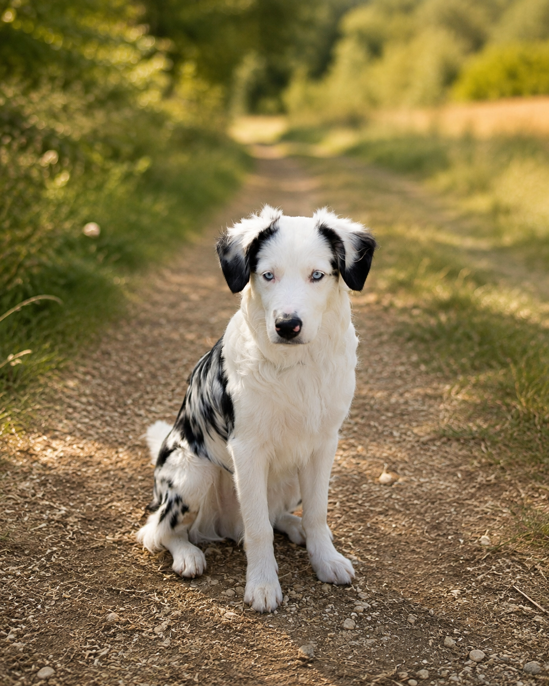 Junger Miniature Australian Shepherd sitzt auf einem Feldweg