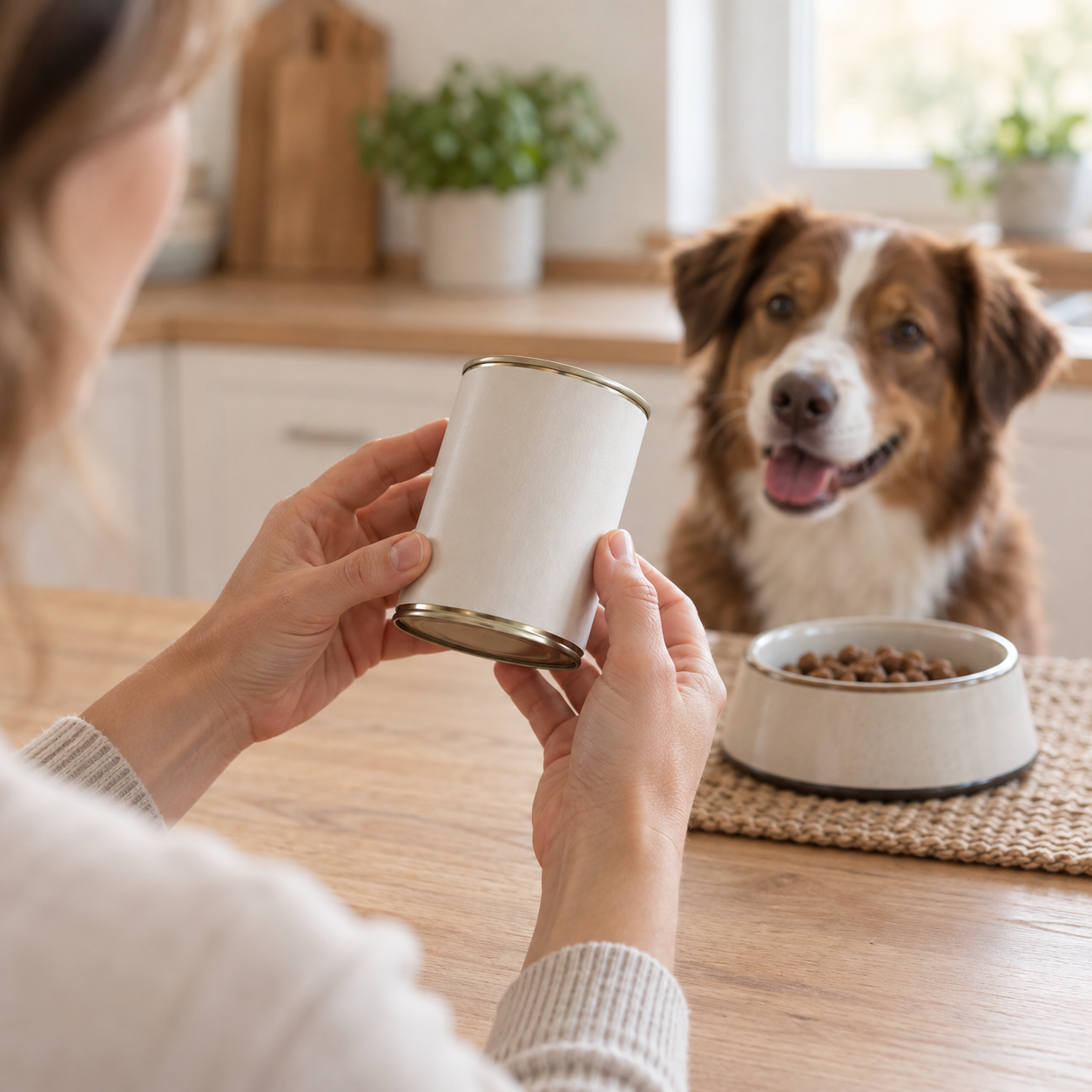 Eine Person prüft sorgfältig die Deklaration einer neutralen Hundefutterdose