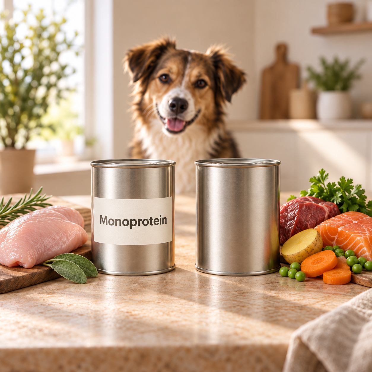 Monoprotein Hundefutter mit zwei Futterdosen und einem Hund im Hintergrund