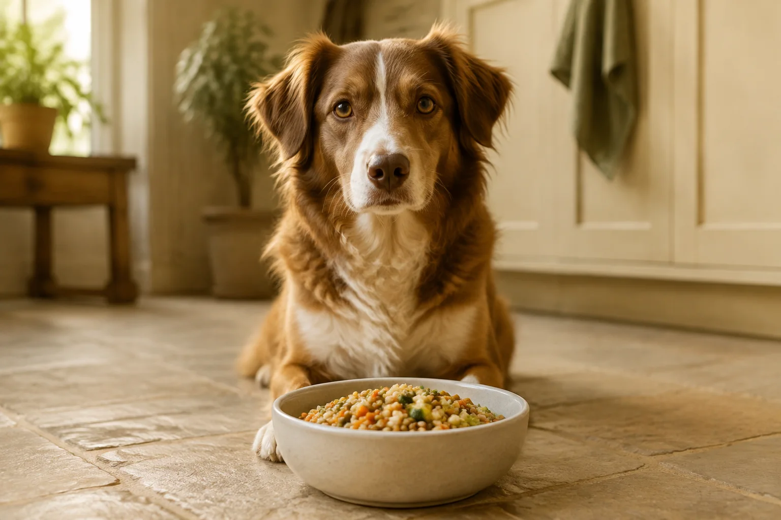 Braun-weißer Hund hinter einem Napf mit pflanzlichen Zutaten als Symbolbild zur veganen Hundeernährung